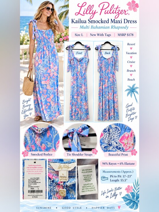 Lilly Pulitzer Dresses & Skirts - NWT Lilly Pulitzer Kailua Smocked Maxi Dress Bahamian Rhapsody L $178